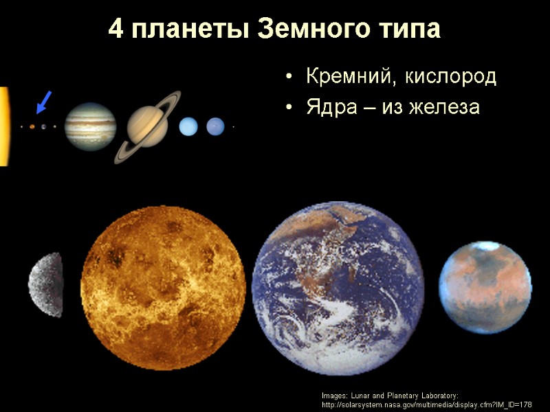 4 планеты Земного типа Кремний, кислород Ядра – из железа  Images: Lunar and